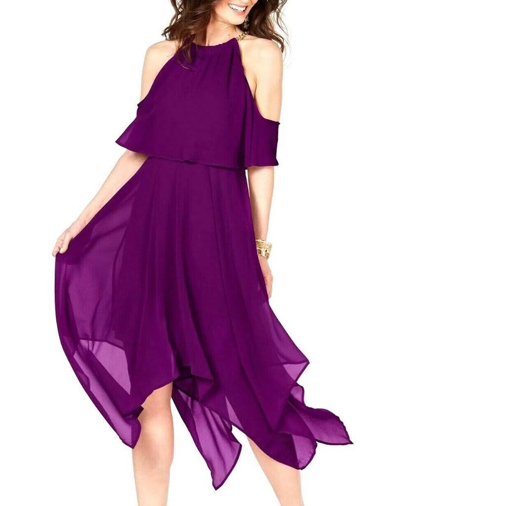 Thalia Sodi Women's Chain Neck Off The-Shoulder Purple Midi Dress Large NEW